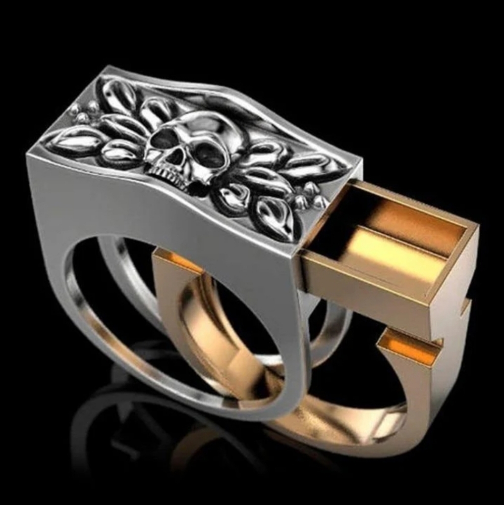 New Men's Gold & Silver Skull Poison Ring.